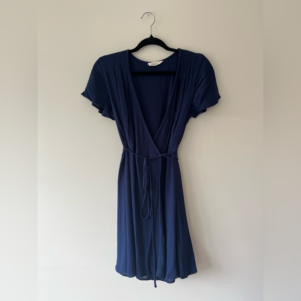 Rokoko Navy Blue Flutter Sleeve Rayon Wrap Midi Dress Large